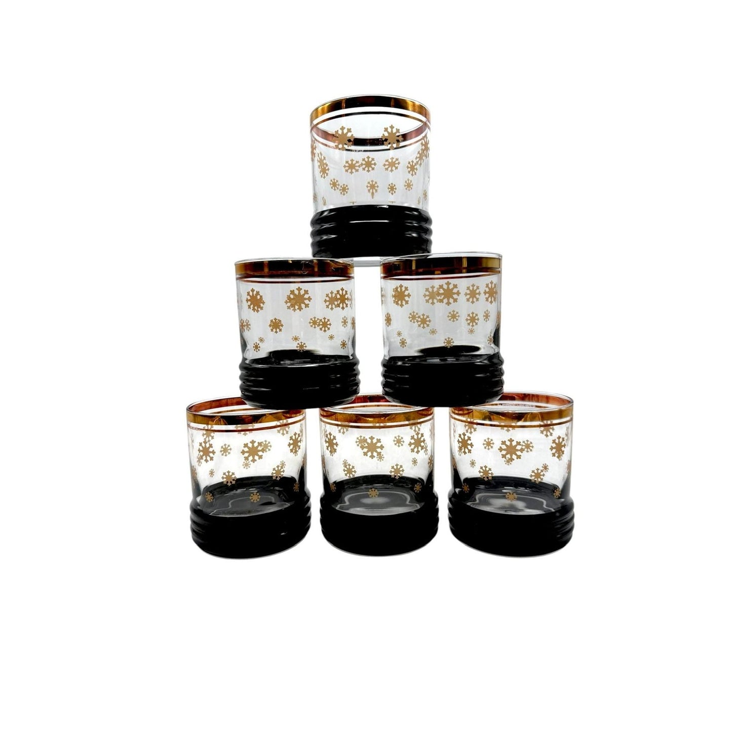Sue Lipkin Lowball Glasses Gold Snowflakes/Gold Rim/Black Ribbed Base Set Of 6