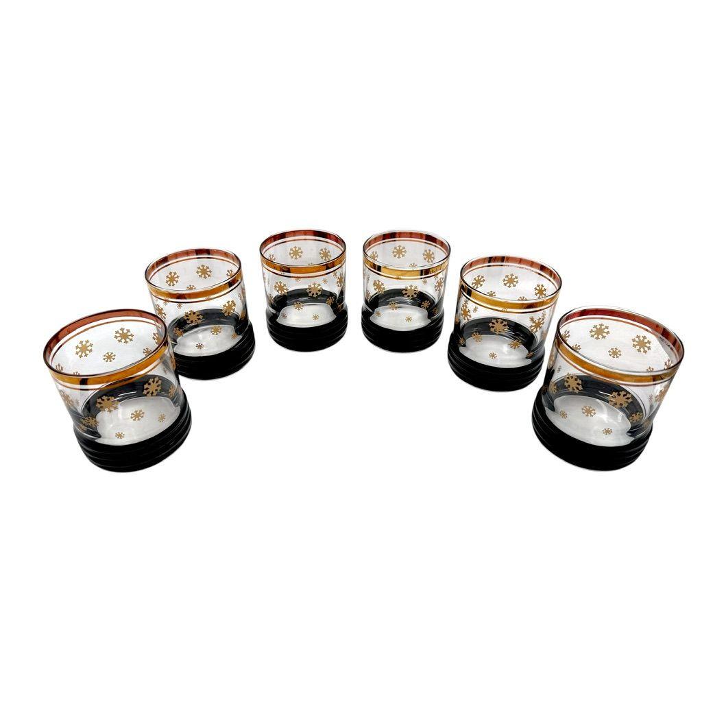 Sue Lipkin Lowball Glasses Gold Snowflakes/Gold Rim/Black Ribbed Base Set Of 6