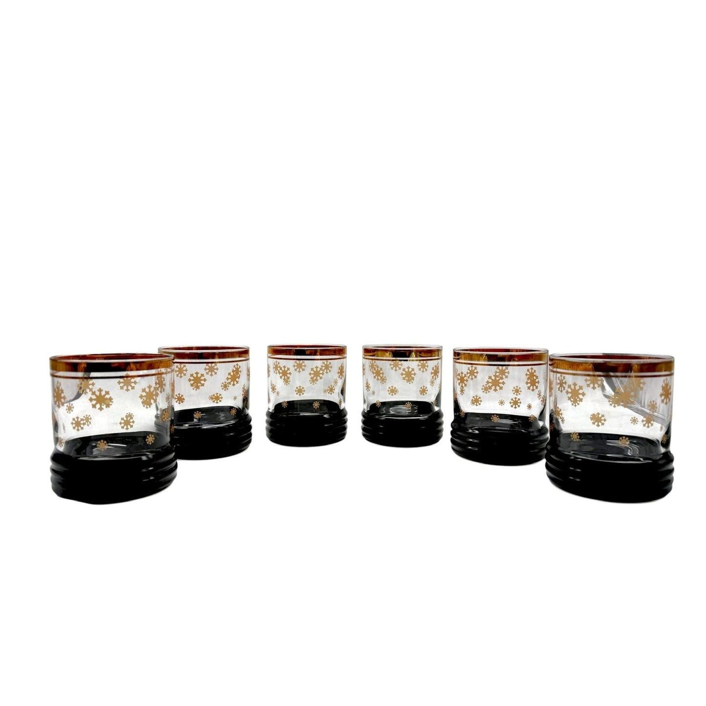 Sue Lipkin Lowball Glasses Gold Snowflakes/Gold Rim/Black Ribbed Base Set Of 6