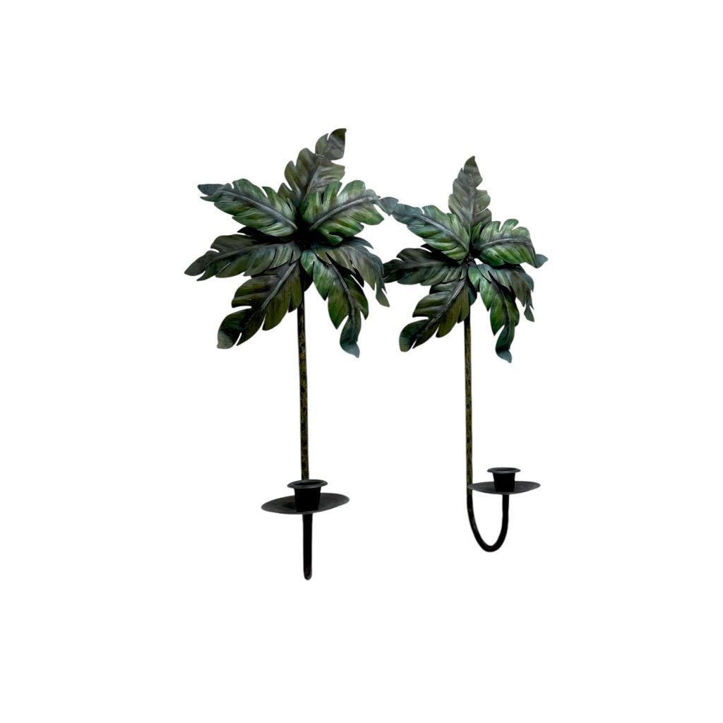 Tropical Palm Leaf Metal Wall Sconce Candle Holders - Pair 16" Tall Green Finish