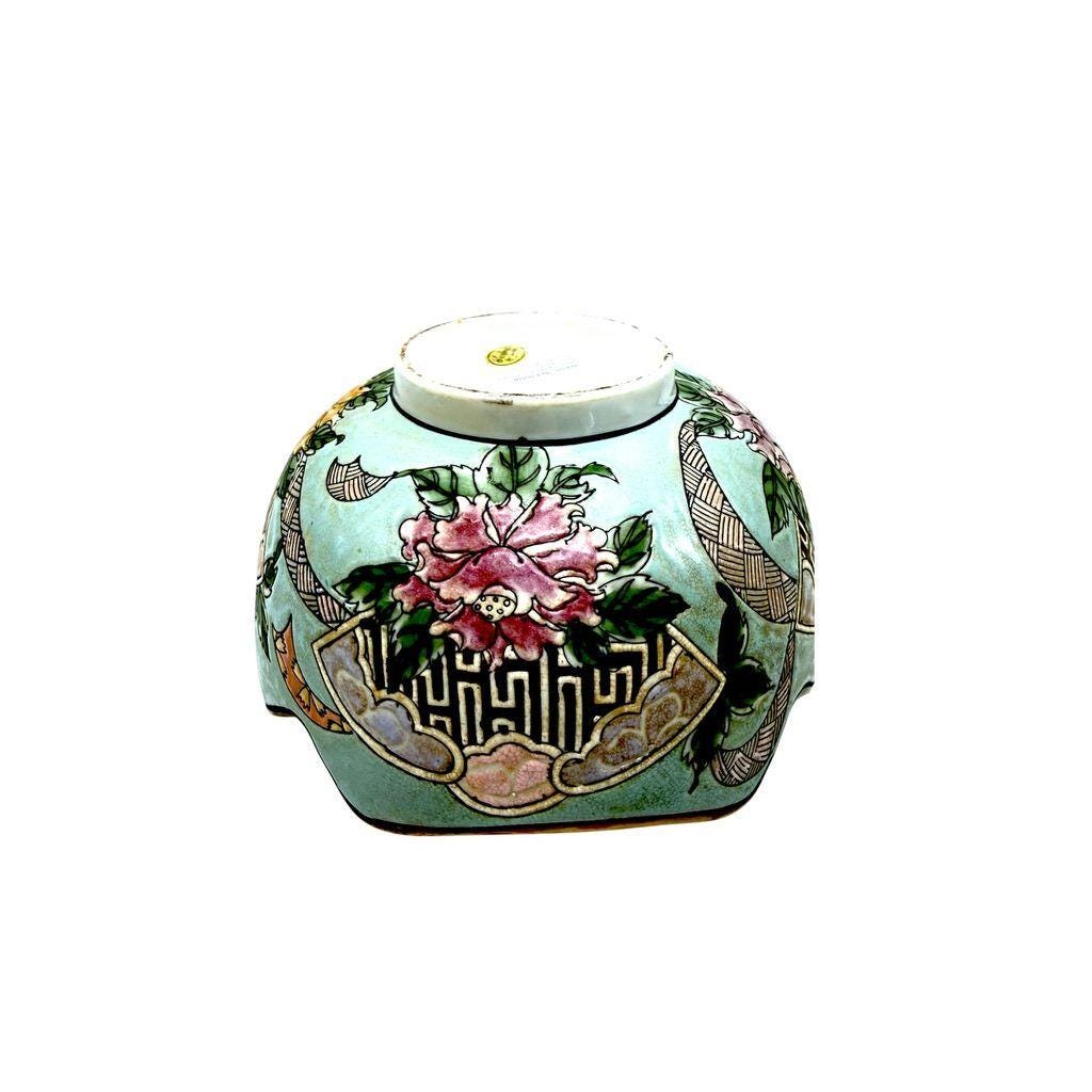 Andrea By Sadek Vintage Cloisonné Porcelain Scalloped Bowl With Floral Design & Brass Accents