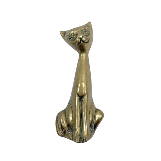 Brass Sitting Cat Figurine Mid-Century Modern Decorative Accent 7" Tall