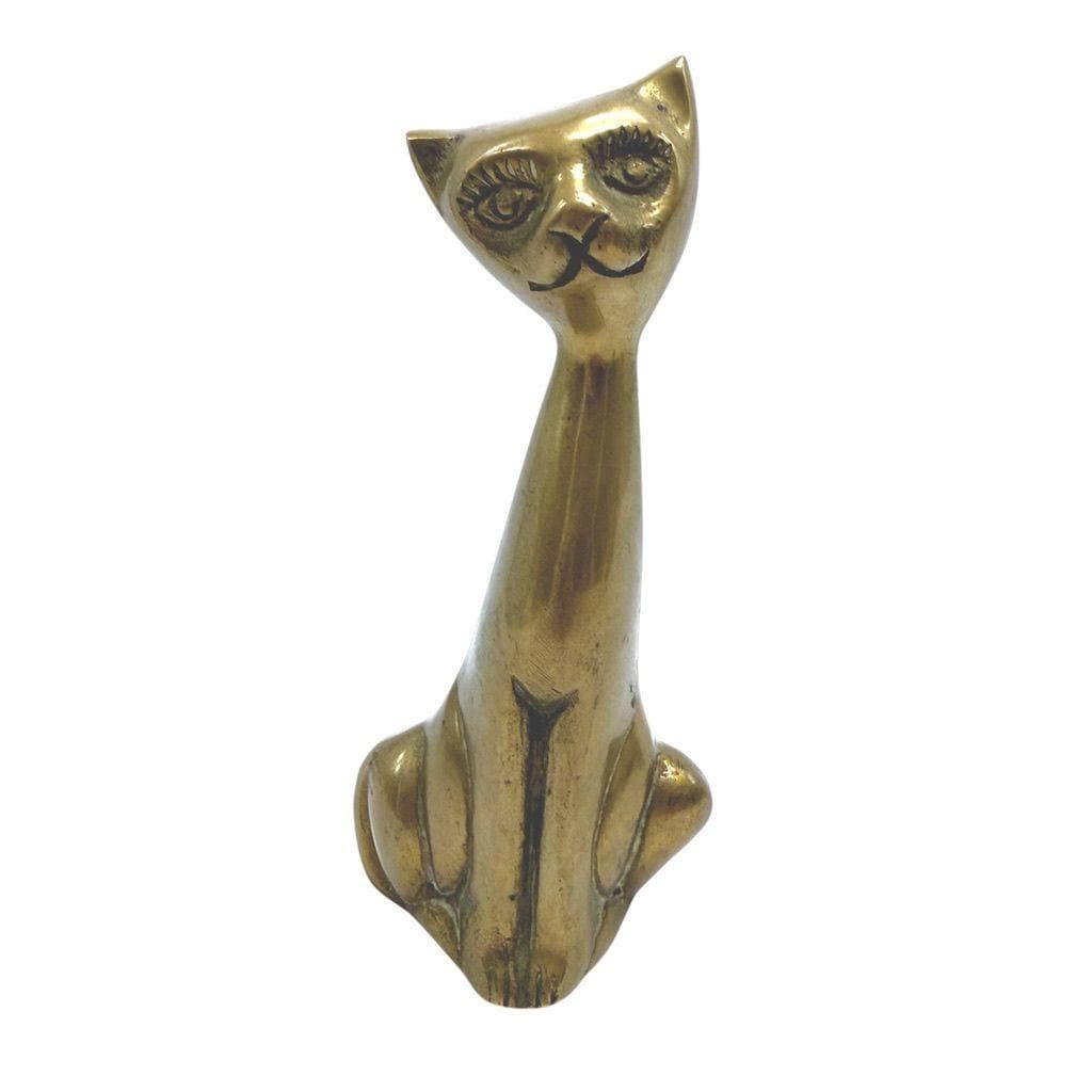 Brass Sitting Cat Figurine Mid-Century Modern Decorative Accent 7" Tall