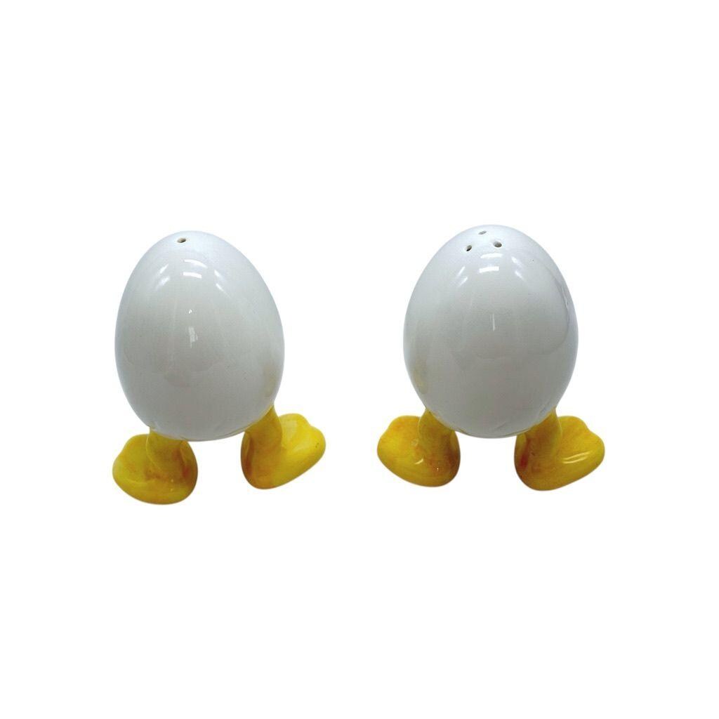 Vintage Italian Ceramic Egg Shaped Salt & Pepper Shakers With Yellow Duck Feet