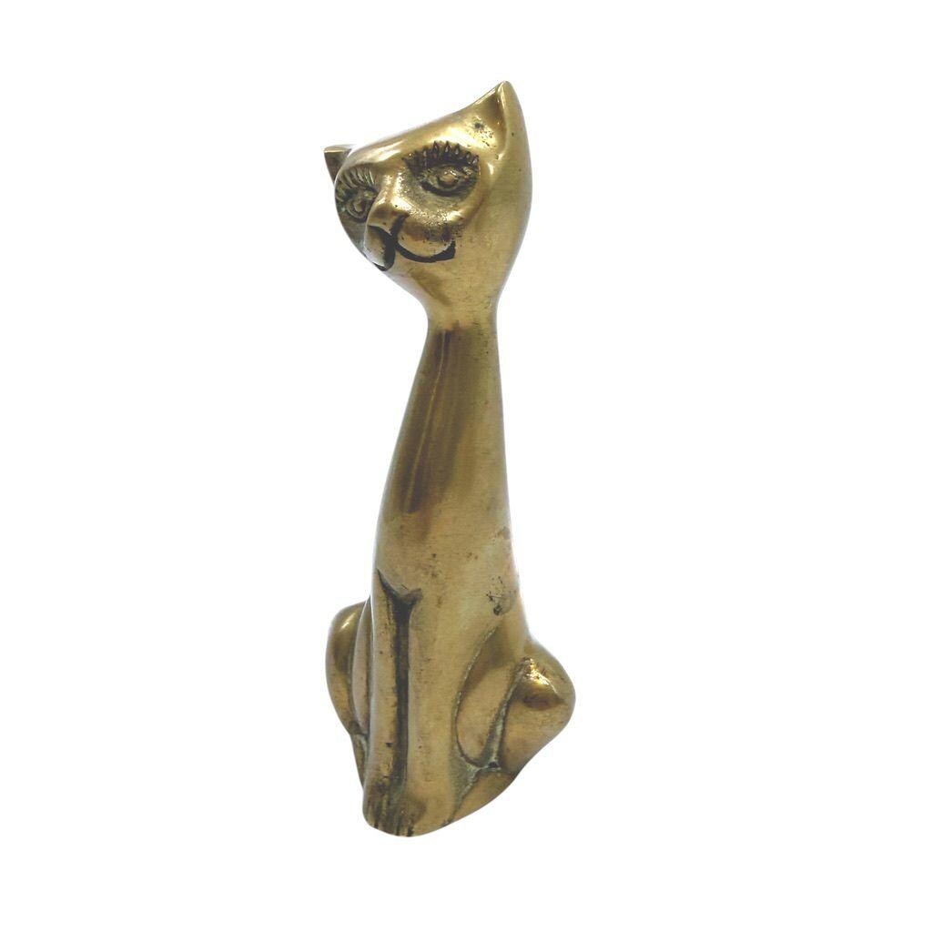 Brass Sitting Cat Figurine Mid-Century Modern Decorative Accent 7" Tall