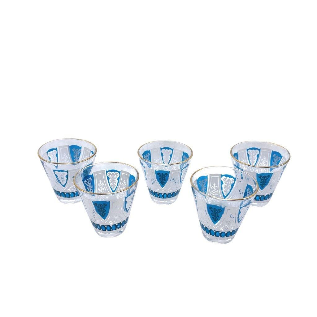 Vintage Blue & White Fleur de Lis Glass Mid-Century Style Retro Barware Set of 5