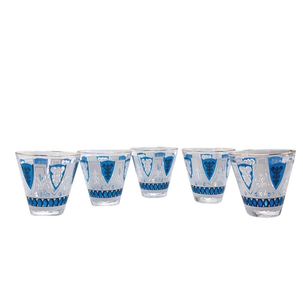 Vintage Blue & White Fleur de Lis Glass Mid-Century Style Retro Barware Set of 5