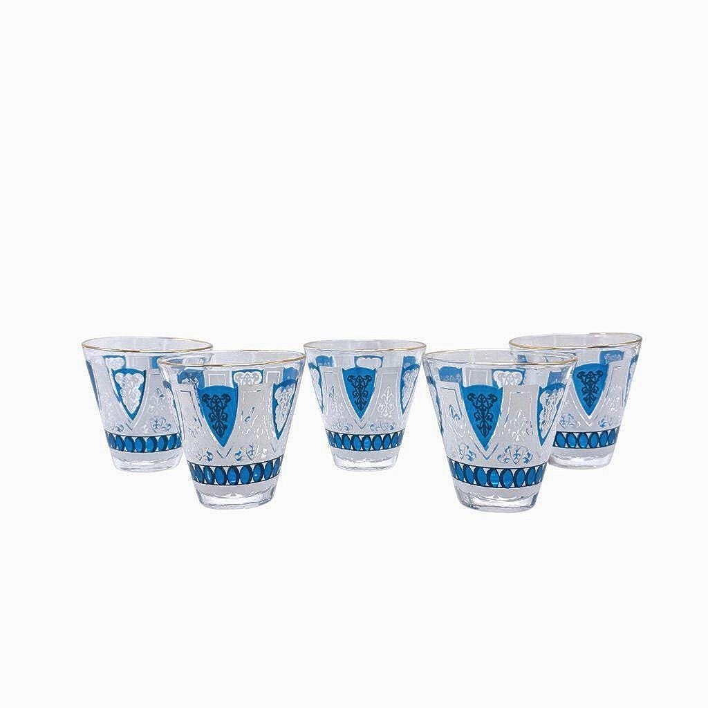 Vintage Blue & White Fleur de Lis Glass Mid-Century Style Retro Barware Set of 5