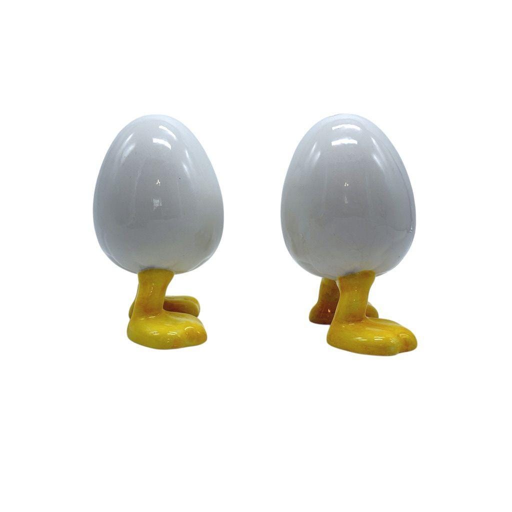 Vintage Italian Ceramic Egg Shaped Salt & Pepper Shakers With Yellow Duck Feet