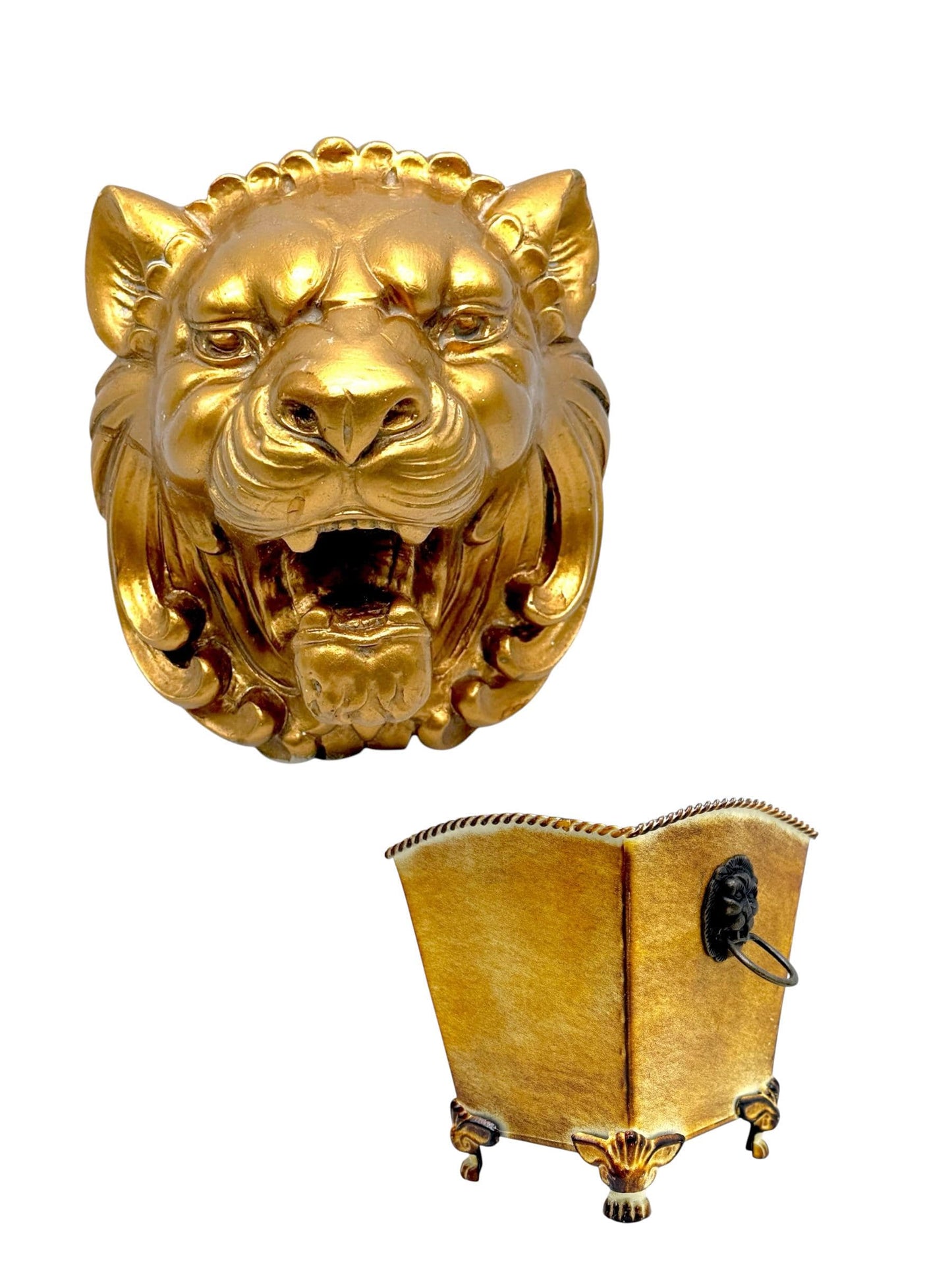 Hollywood Regency Gold Lion Head Wall Sculpture and Planter Decorative Accents