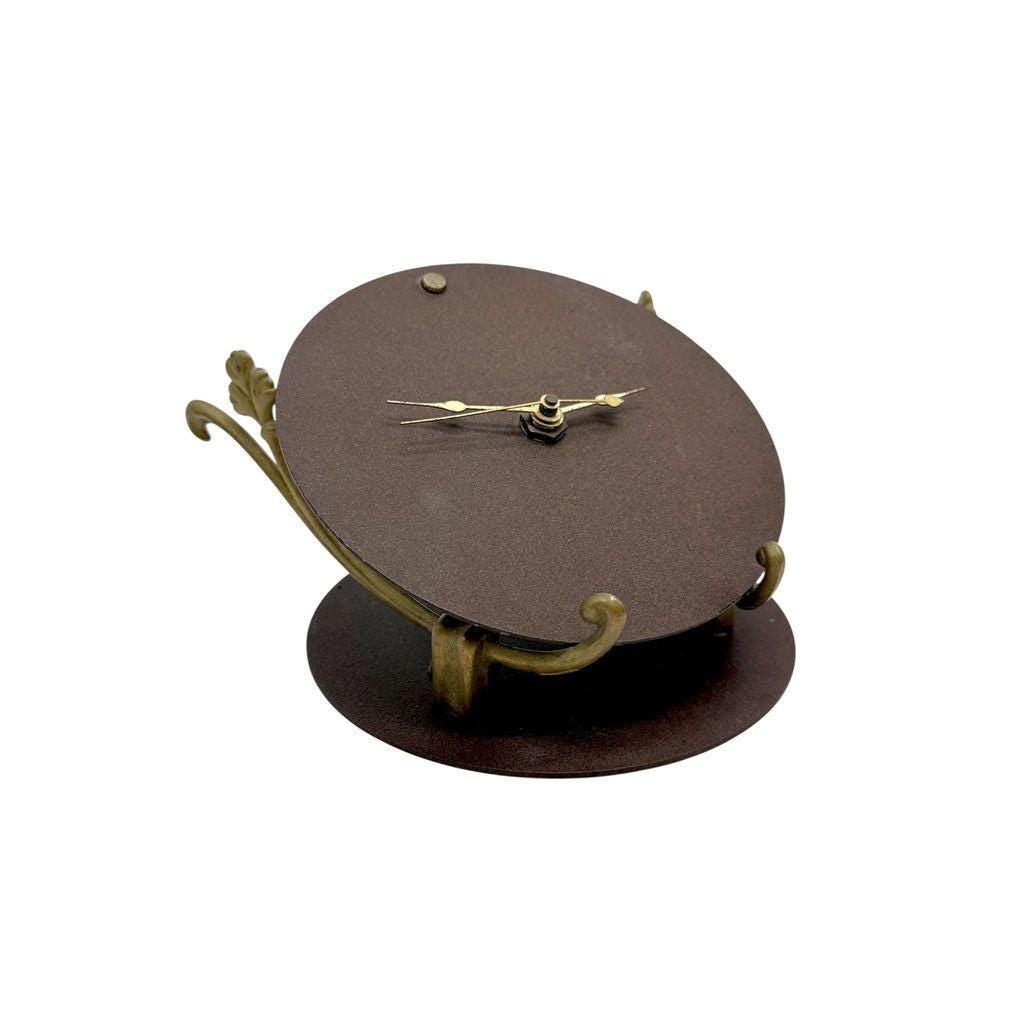Art Nouveau Brown Cast Iron Desk Clock With Ornate Brass Stand