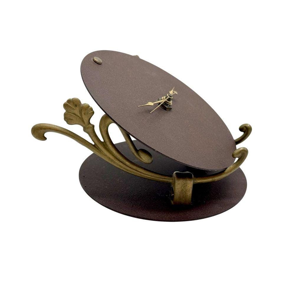 Art Nouveau Brown Cast Iron Desk Clock With Ornate Brass Stand