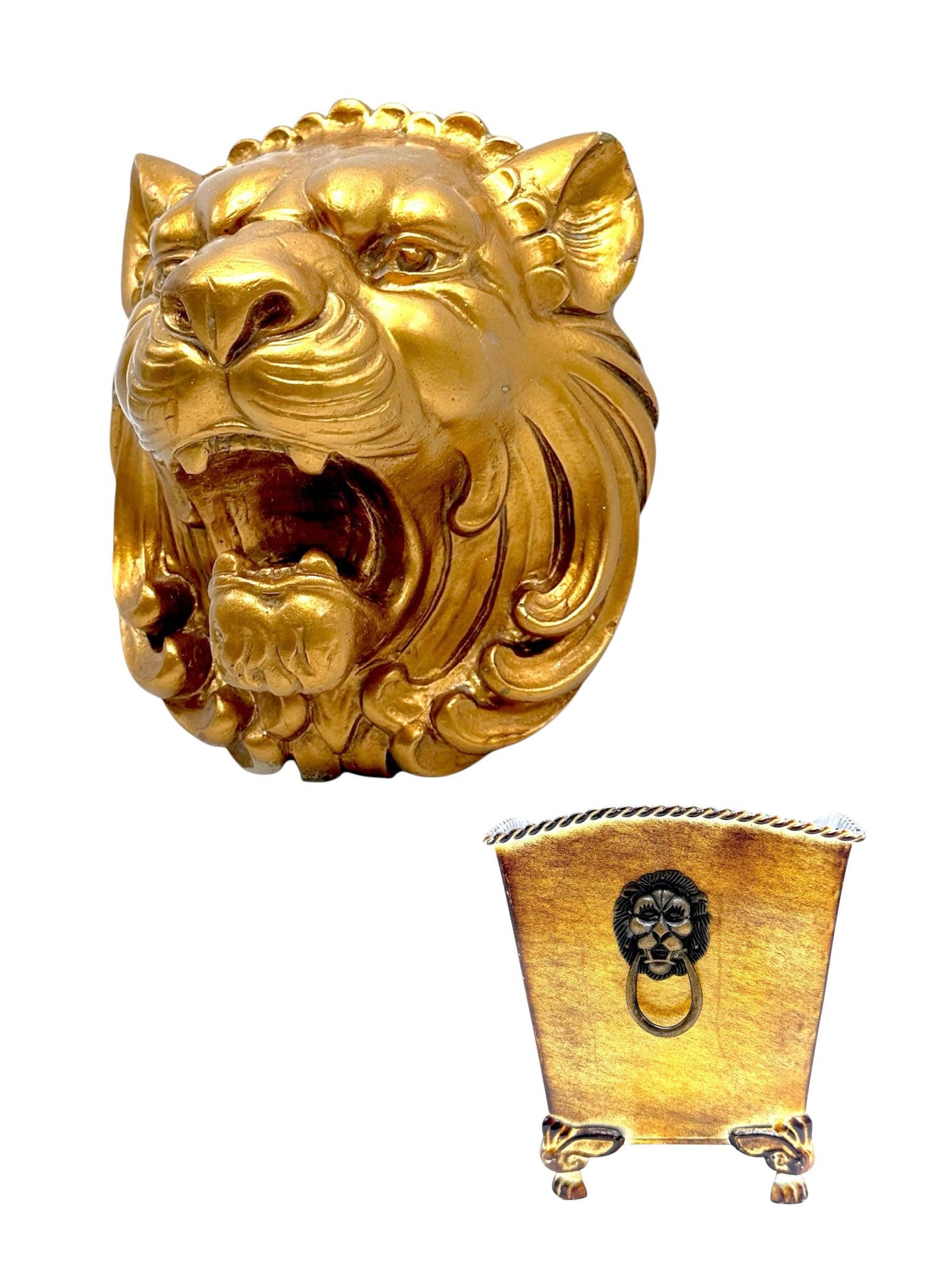 Hollywood Regency Gold Lion Head Wall Sculpture and Planter Decorative Accents