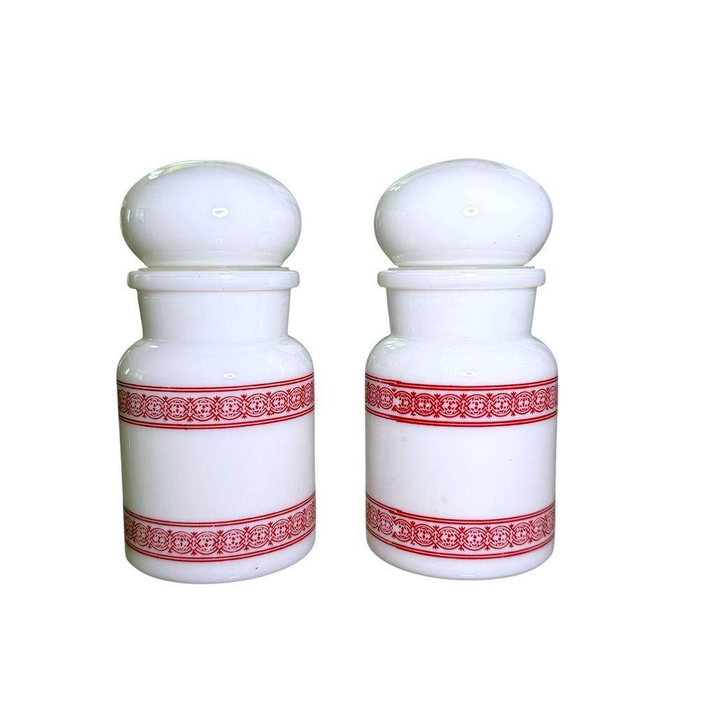 Milk Glass Apothecary Jars Red Pattern Bubble Top Made In Belgium Set Of 2