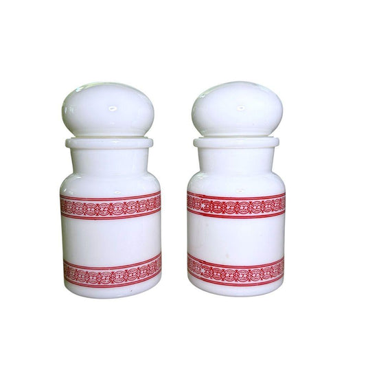 Milk Glass Apothecary Jars Red Pattern Bubble Top Made In Belgium Set Of 2