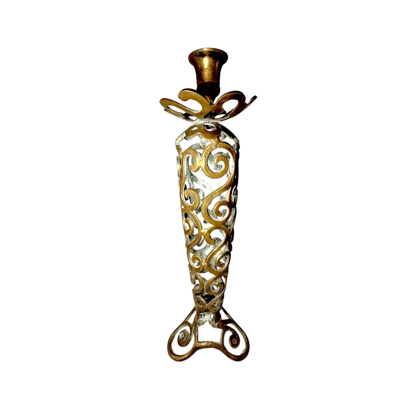Vintage Ornate Brass Candle Holder With Filigree Design