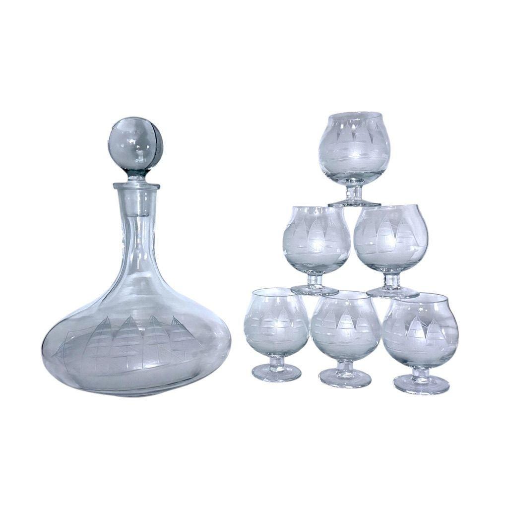 Toscany Romanian Glass Decanter & 6 Etched Clipper Ship Brandy Snifters