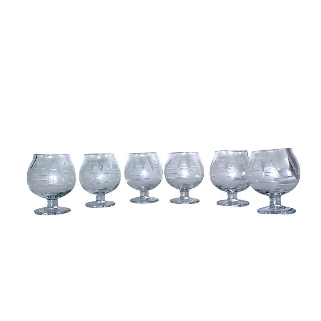 Toscany Romanian Glass Decanter & 6 Etched Clipper Ship Brandy Snifters