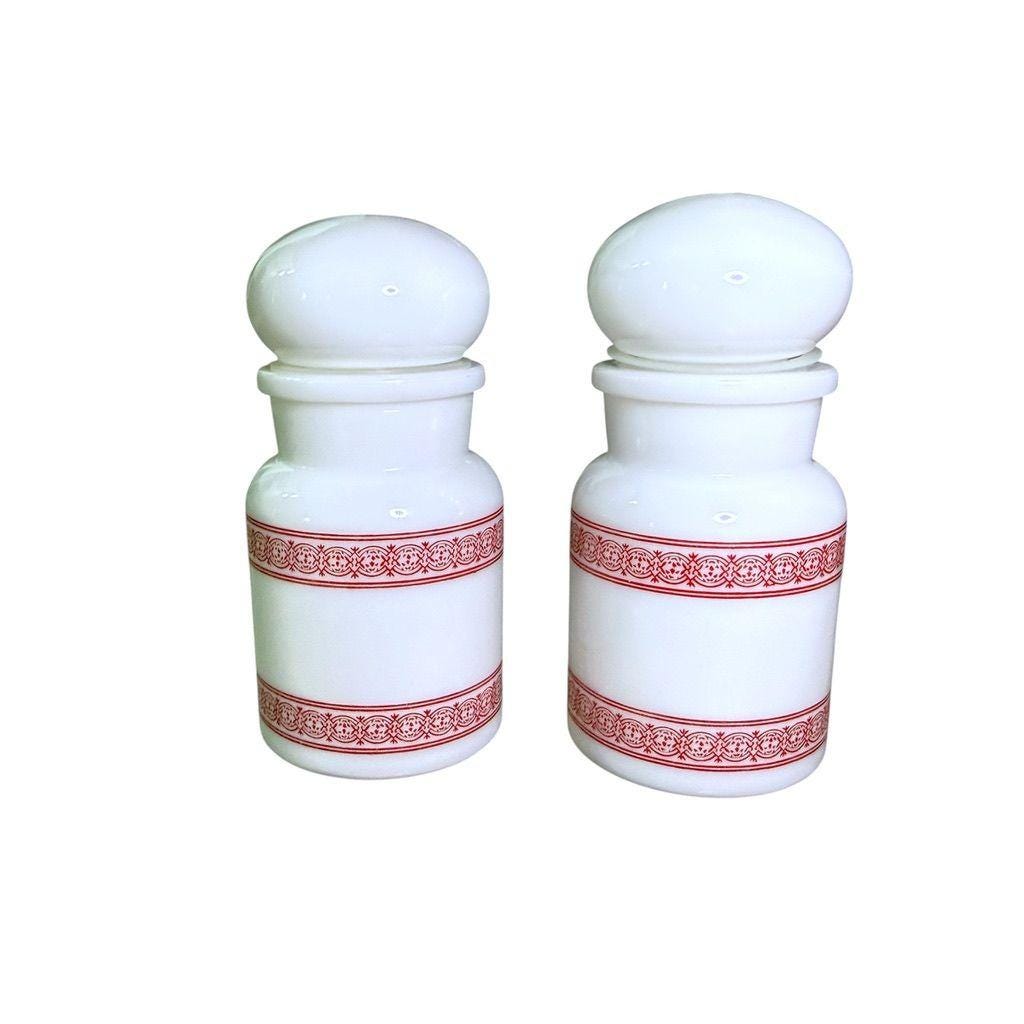 Milk Glass Apothecary Jars Red Pattern Bubble Top Made In Belgium Set Of 2