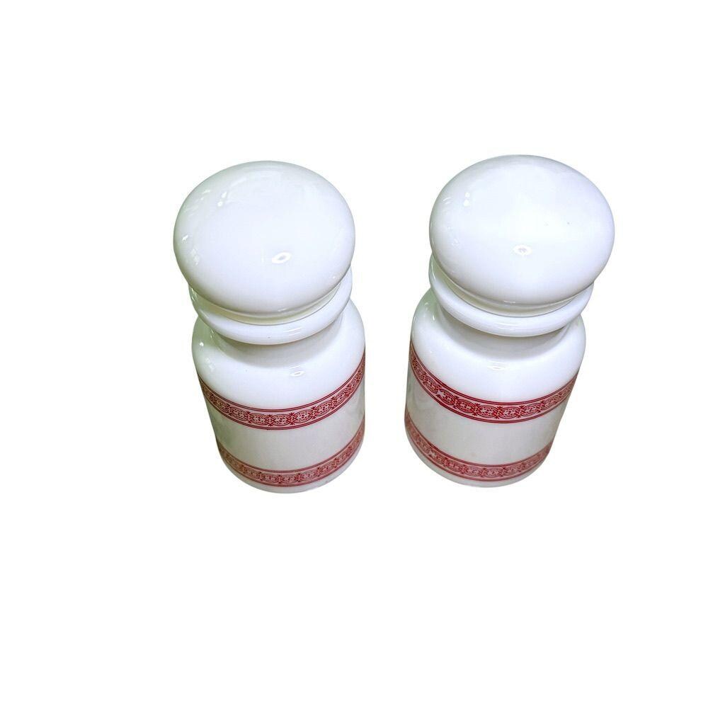 Milk Glass Apothecary Jars Red Pattern Bubble Top Made In Belgium Set Of 2