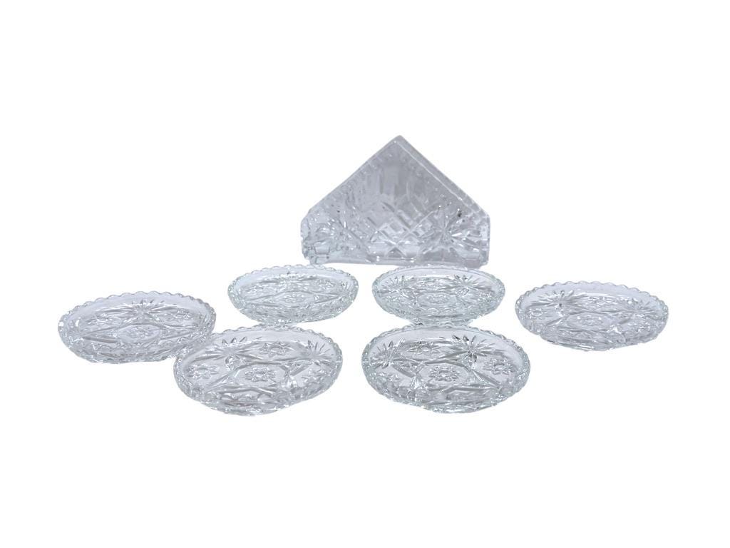 Crystal Glass Napkin Holder and Crystal Coasters, Diamond Pattern Table Decor, Set of 7