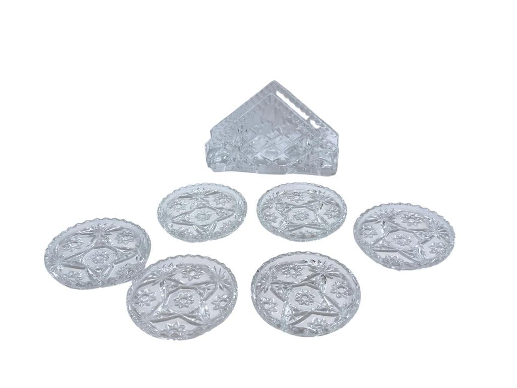 Crystal Glass Napkin Holder and Crystal Coasters, Diamond Pattern Table Decor, Set of 7