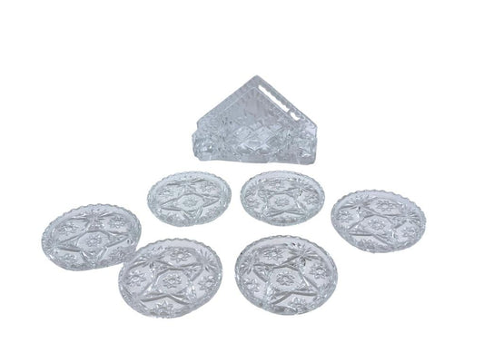 Crystal Glass Napkin Holder and Crystal Coasters, Diamond Pattern Table Decor, Set of 7