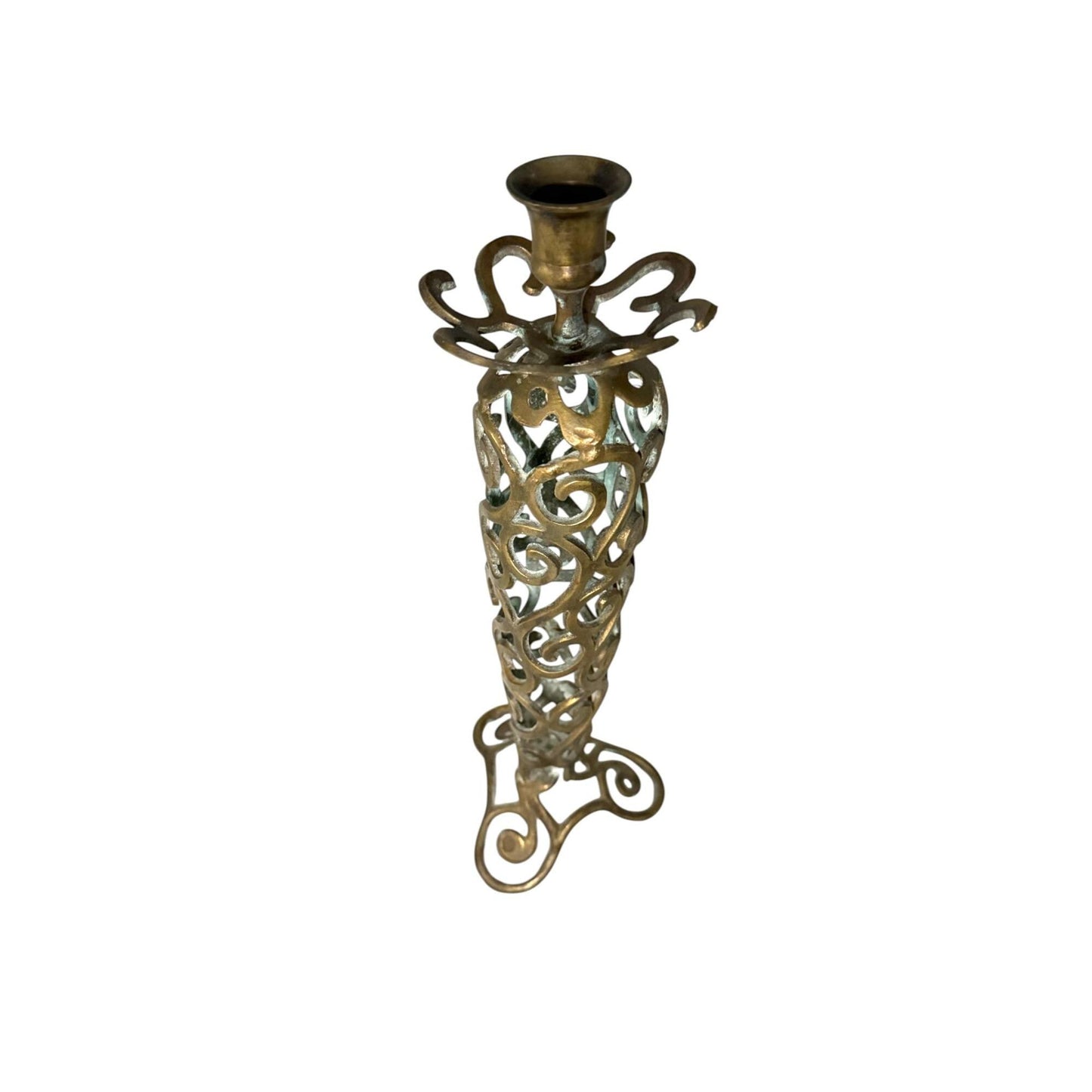 Vintage Ornate Brass Candle Holder With Filigree Design