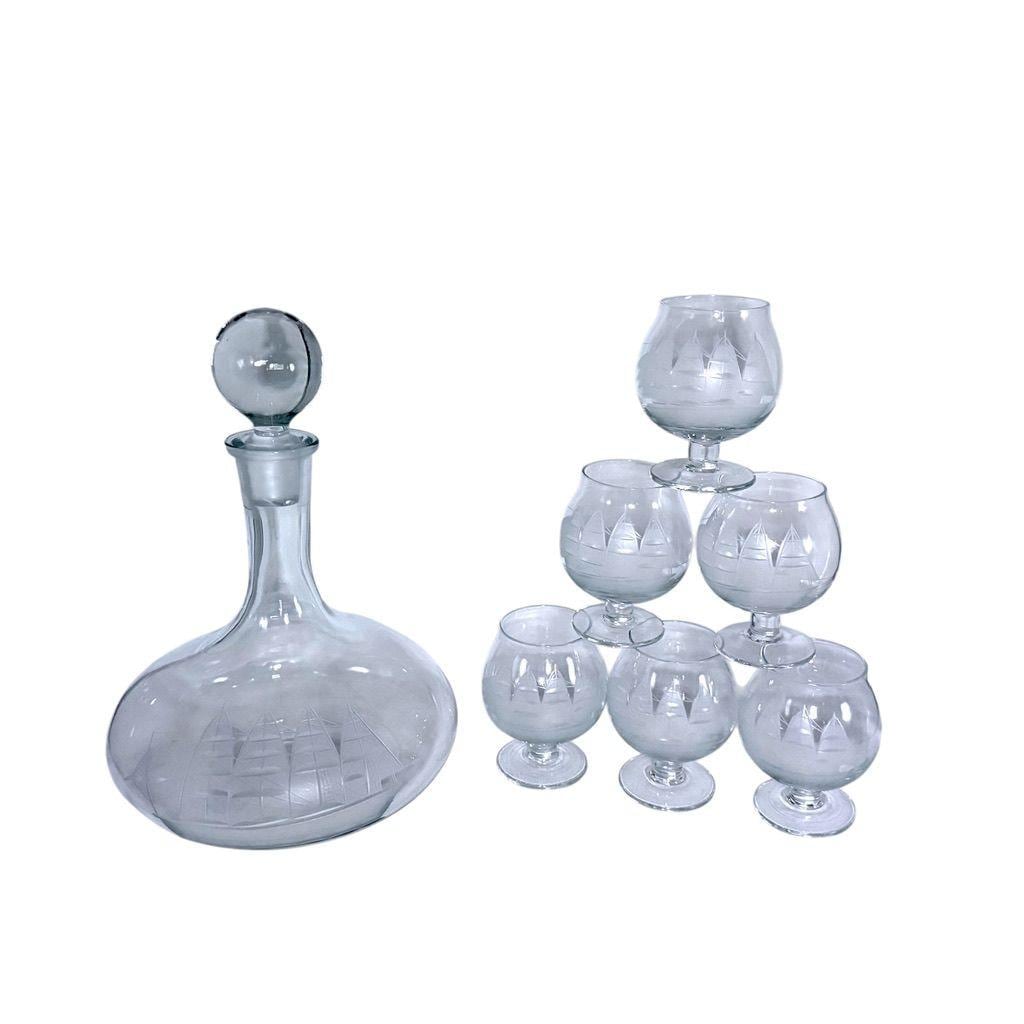 Toscany Romanian Glass Decanter & 6 Etched Clipper Ship Brandy Snifters