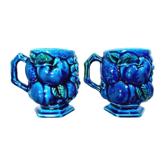 Vintage Inarco Blue Ceramic Fruit Motif Mugs Set Of 2
