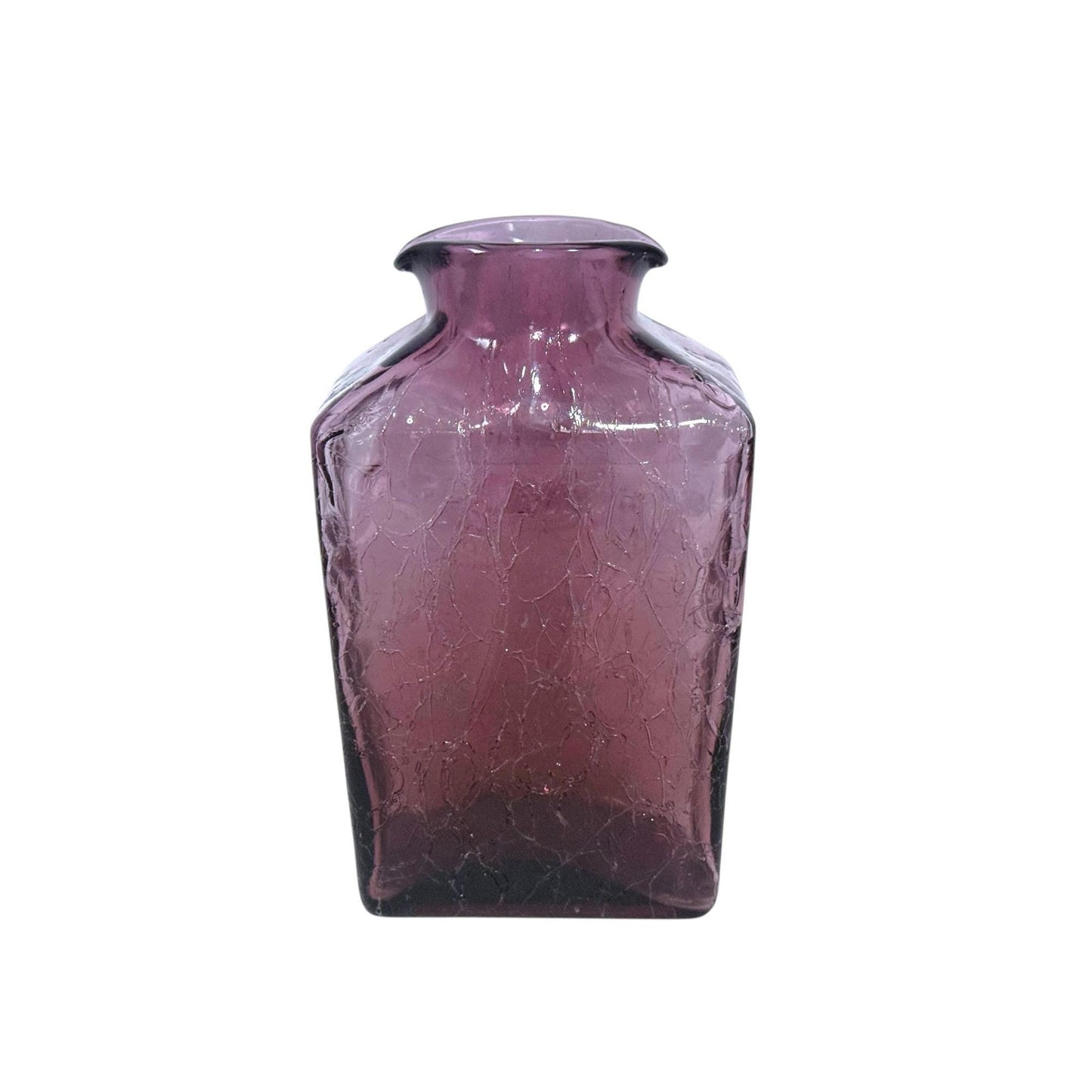 Blenko Style Double Spout Hand-Blown Amethyst Crackle Glass Vase