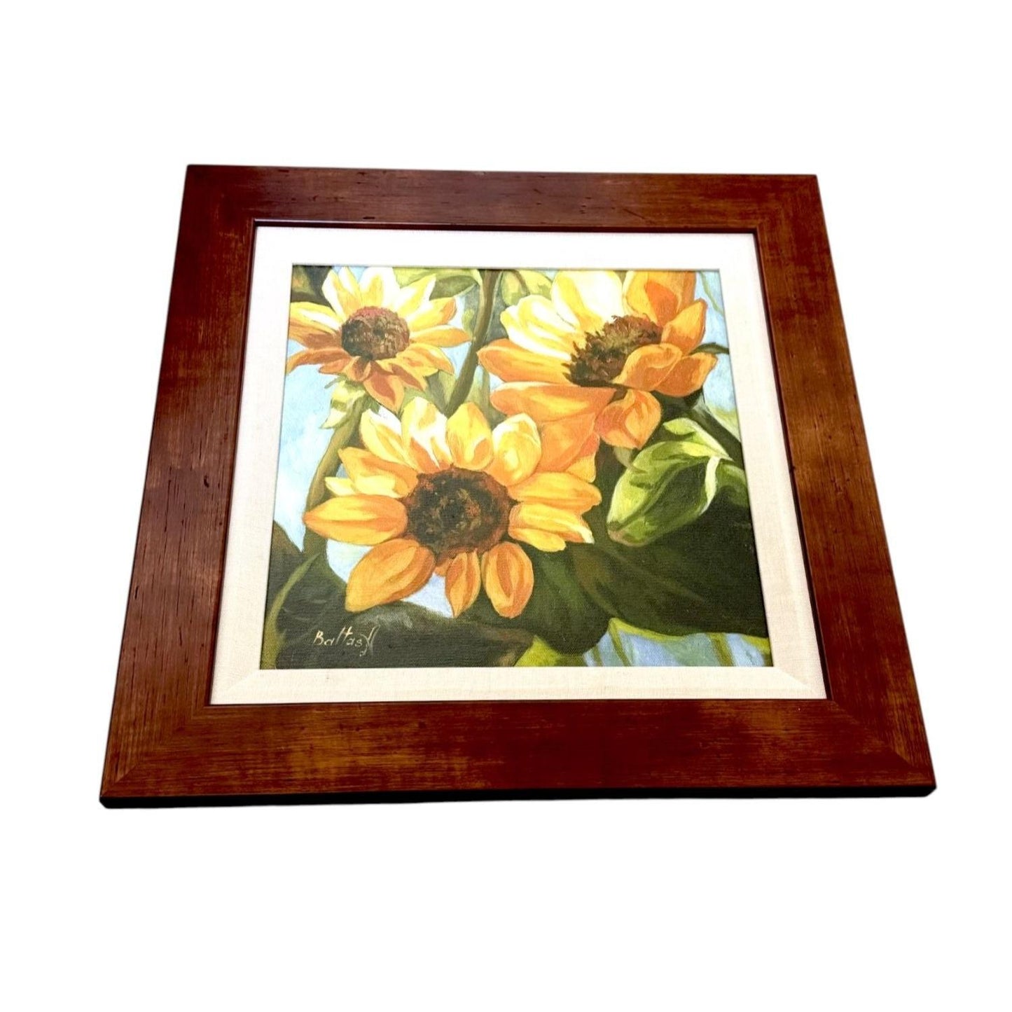 Sunflower Painting By Baltas A In Wooden Frame 17"x17" Wall Art