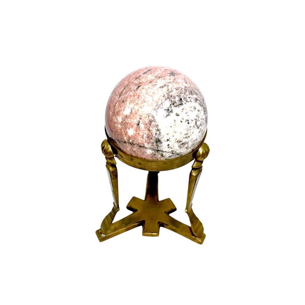 Pink Granite Sphere on Art Deco Solid Brass Tripod Globe Stand