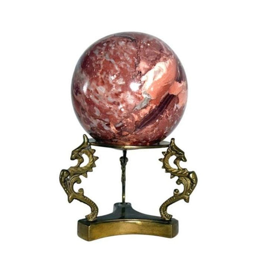 Pink/Red Marble Sphere Brass Dragon Stand Made In Pakistan