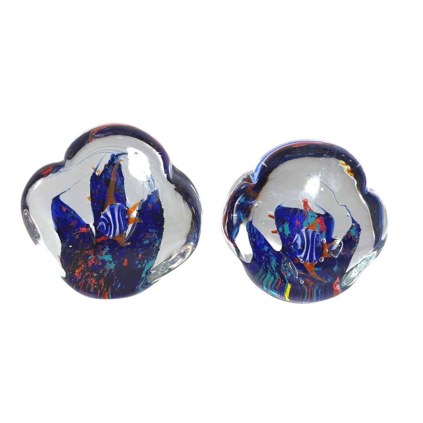 Hand-Blown Glass Fish Paperweight Vibrant Blue Coral Reef Design - Set of 2
