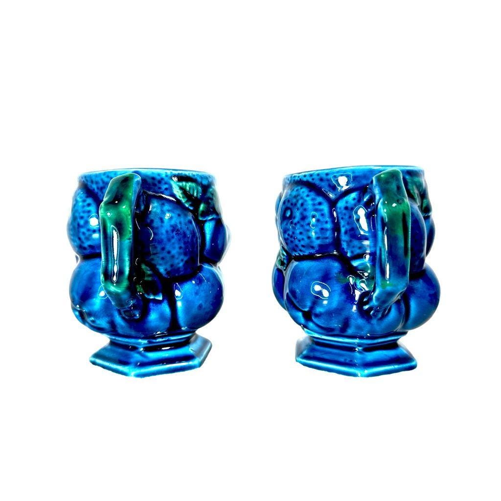 Vintage Inarco Blue Ceramic Fruit Motif Mugs Set Of 2