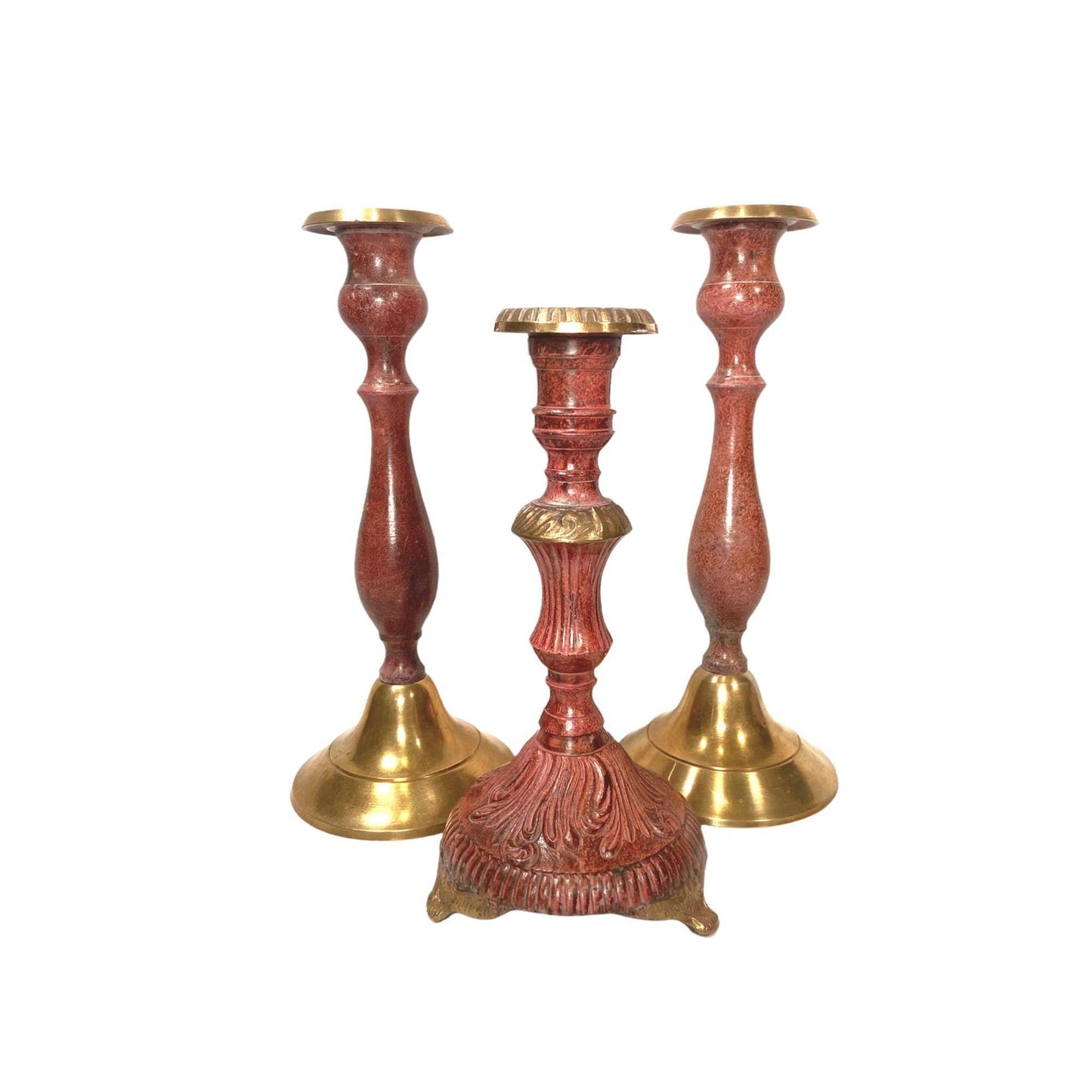 Vintage Burgundy Cloisonné Enamel & Gold Brass Candlestick Holders Set Of 3