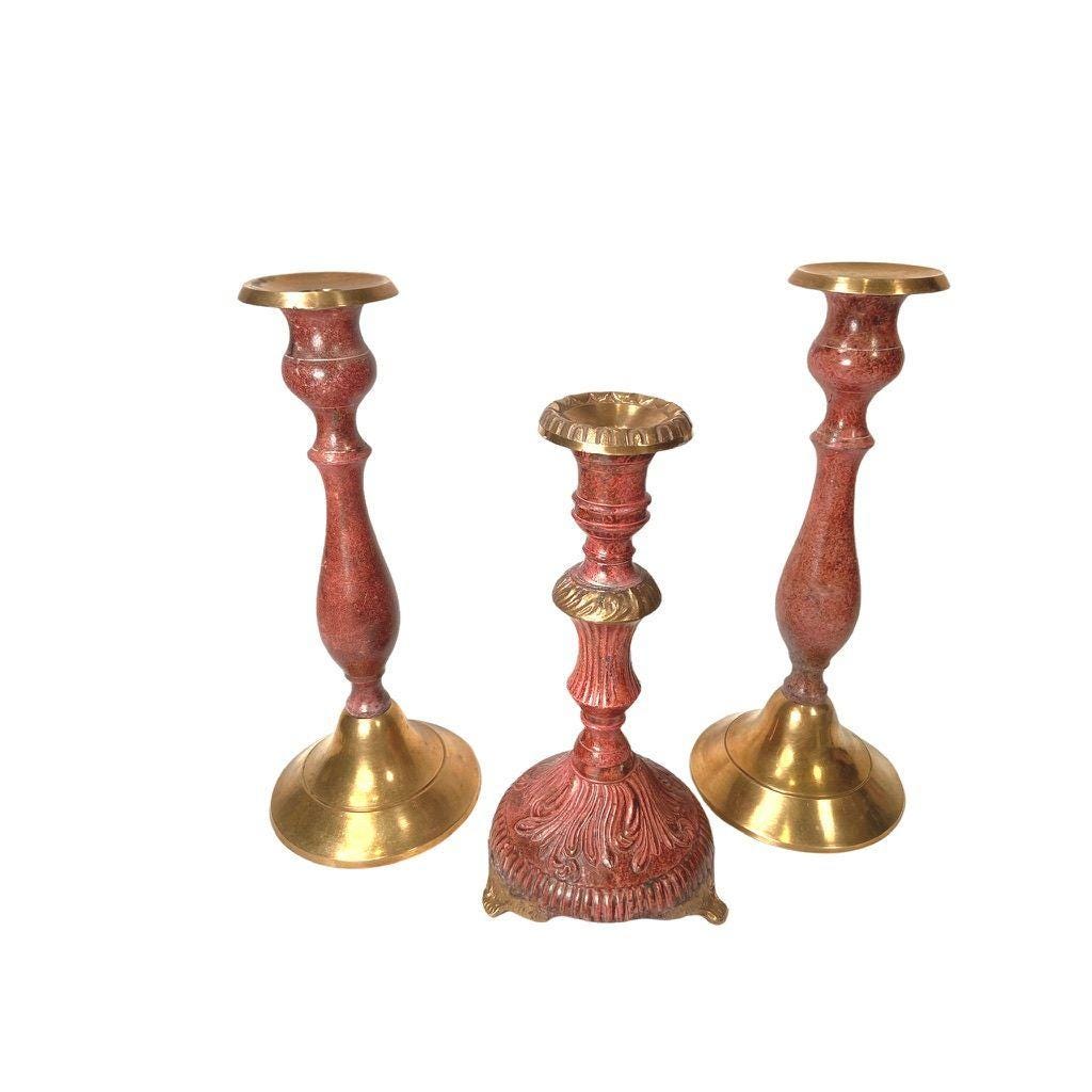 Vintage Burgundy Cloisonné Enamel & Gold Brass Candlestick Holders Set Of 3
