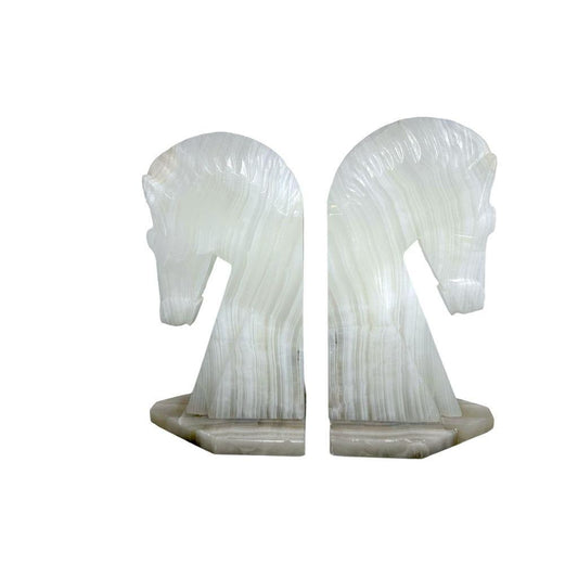Vintage White Onyx Horse Head Bookends With Striped Pattern - Decorative Stone Sculptures For Home Or Office
