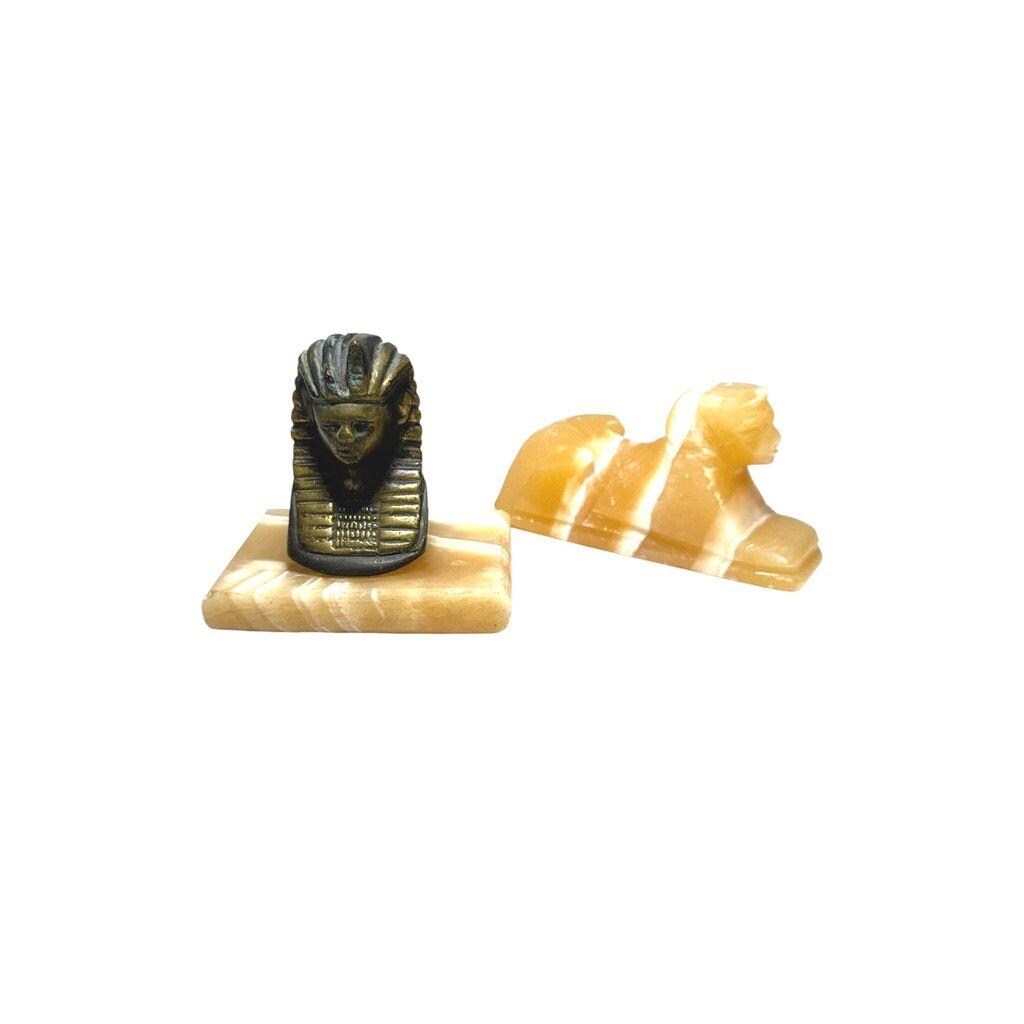 Egyptian Pharaoh & Sphinx Figurines Onyx Base Decorative Collectibles