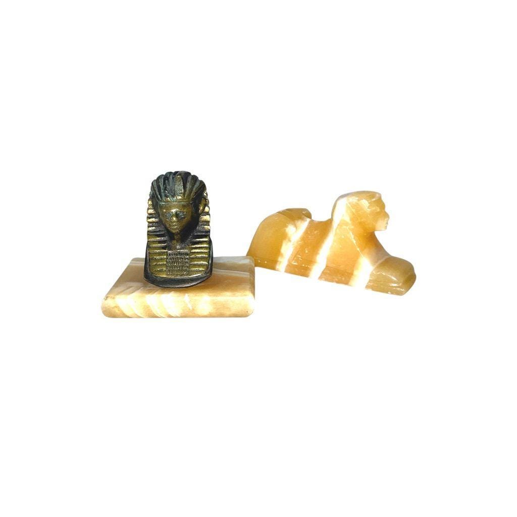 Egyptian Pharaoh & Sphinx Figurines Onyx Base Decorative Collectibles