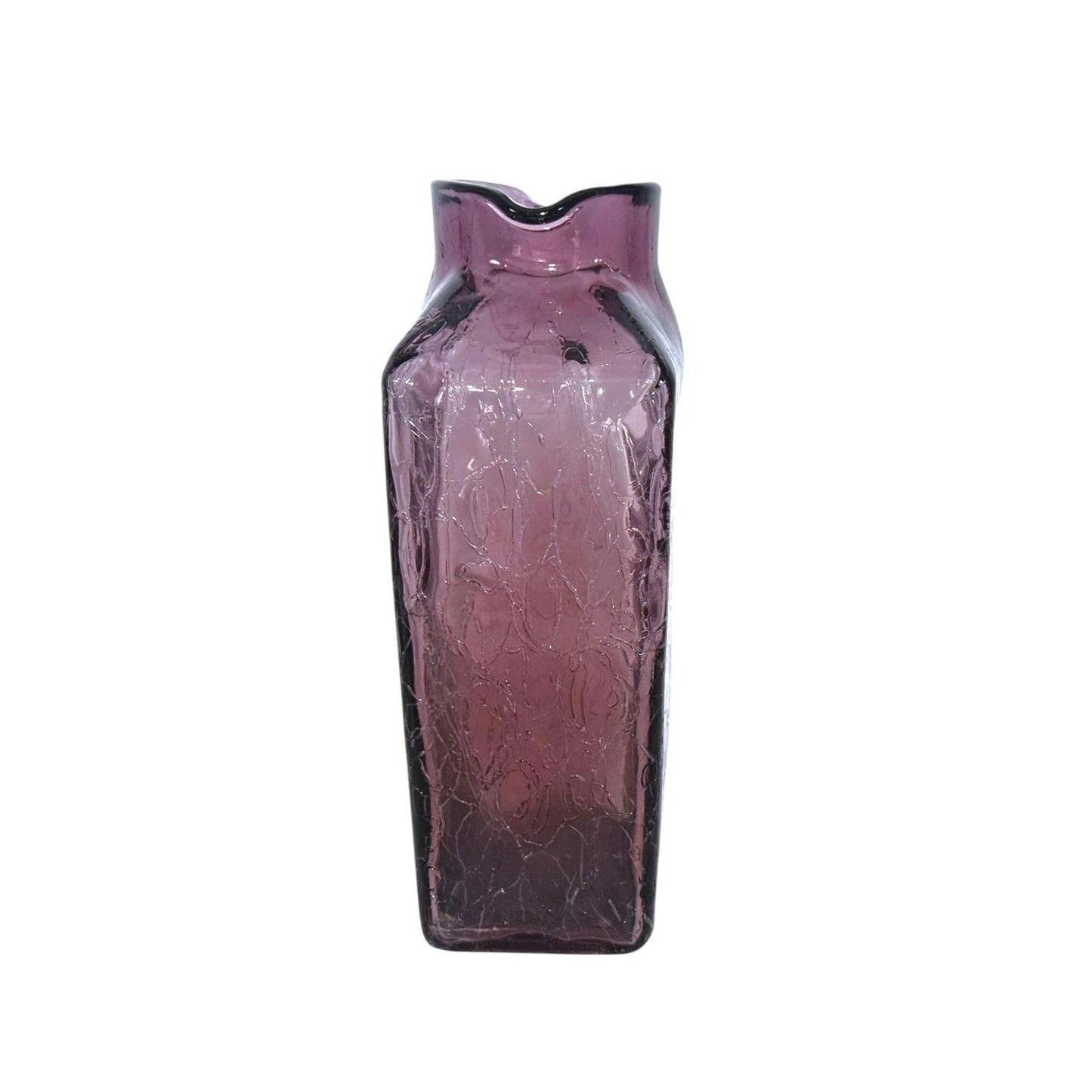 Blenko Style Double Spout Hand-Blown Amethyst Crackle Glass Vase