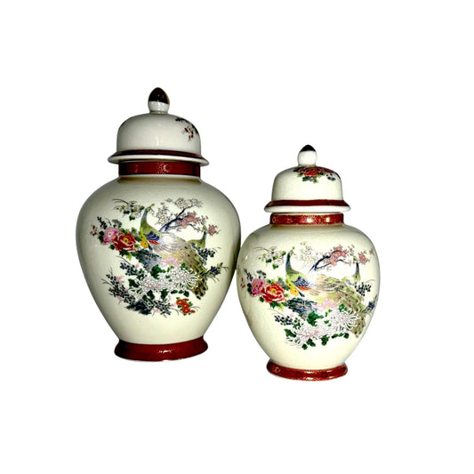 Vintage Satsuma Lidded Ceramic Ginger Jars With Peacock/Floral Design Set Of 2