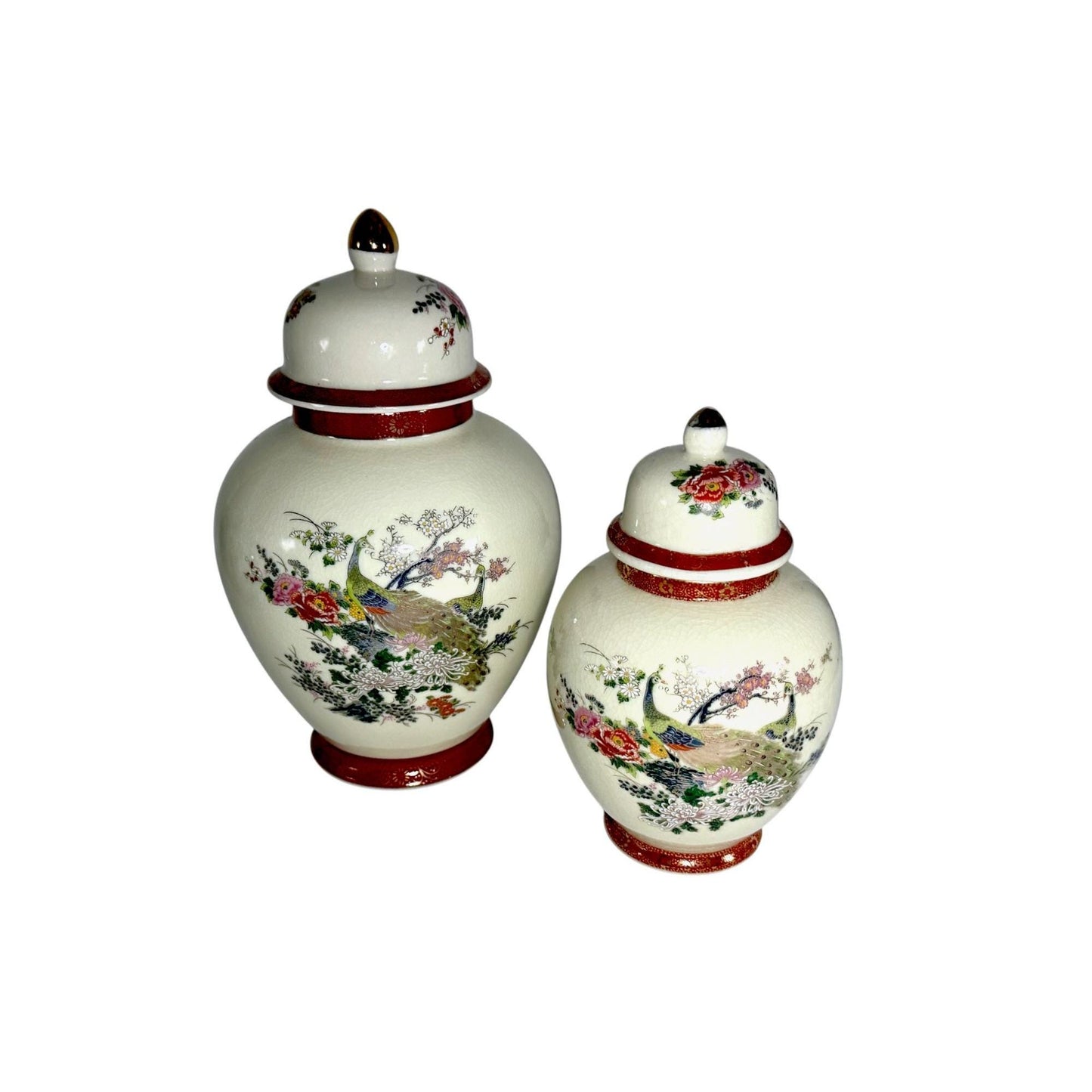 Vintage Satsuma Lidded Ceramic Ginger Jars With Peacock/Floral Design Set Of 2