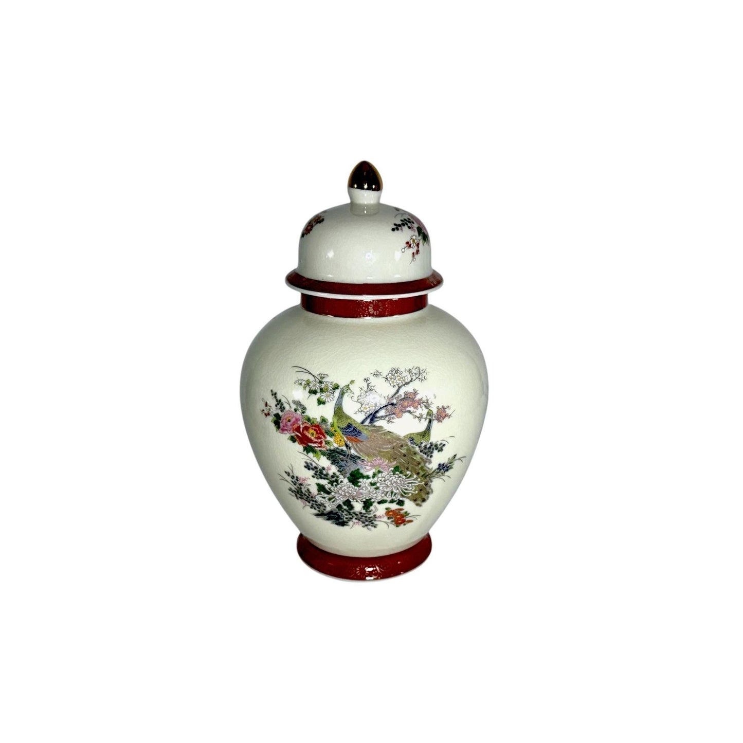 Vintage Satsuma Lidded Ceramic Ginger Jars With Peacock/Floral Design Set Of 2