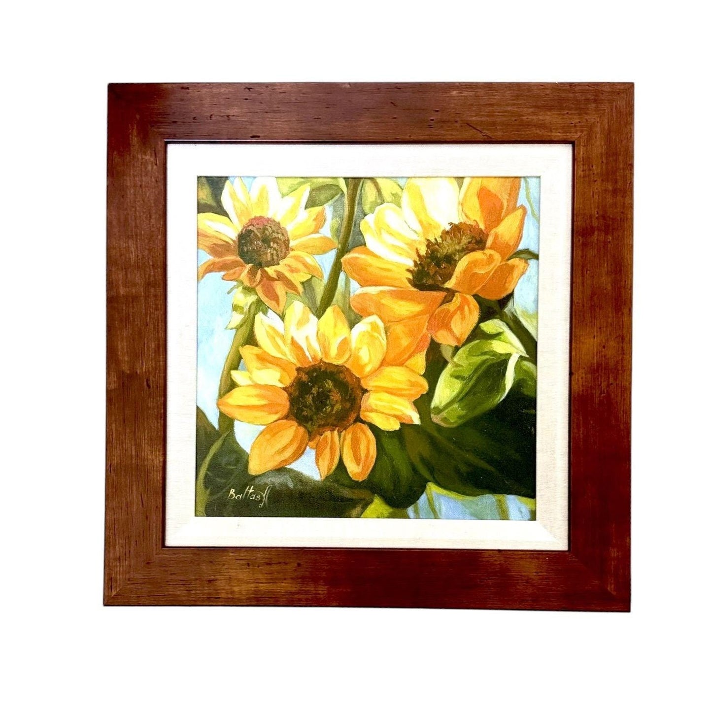 Sunflower Painting By Baltas A In Wooden Frame 17"x17" Wall Art