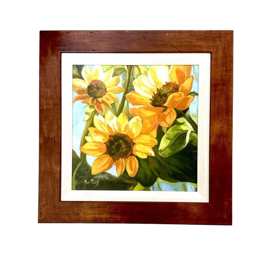 Sunflower Painting By Baltas A In Wooden Frame 17"x17" Wall Art