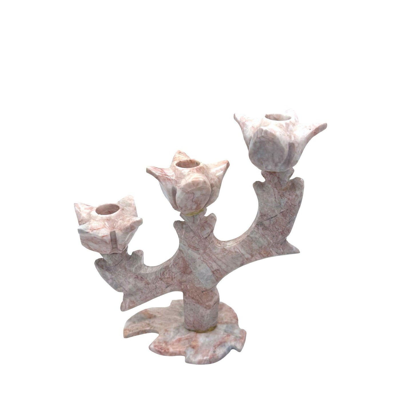 Hand-Carved Pink Stone/Marble 3-Arm Tulip Candle Holder
