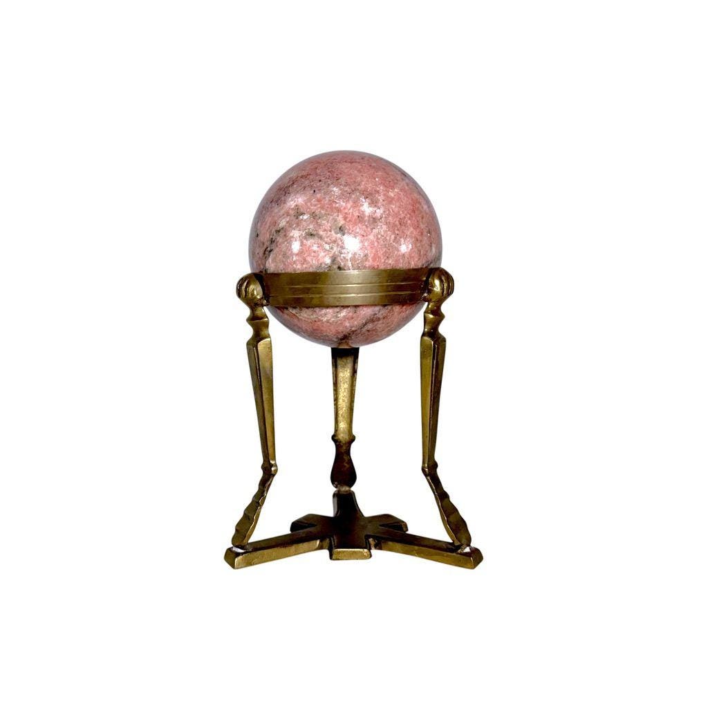 Pink Granite Sphere on Art Deco Solid Brass Tripod Globe Stand