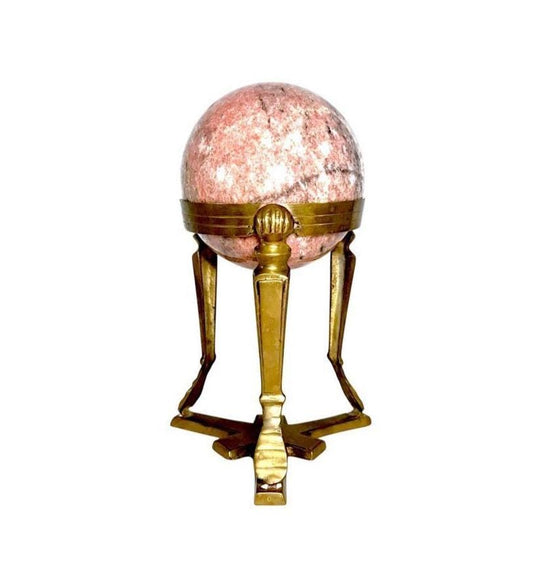 Pink Granite Sphere on Art Deco Solid Brass Tripod Globe Stand